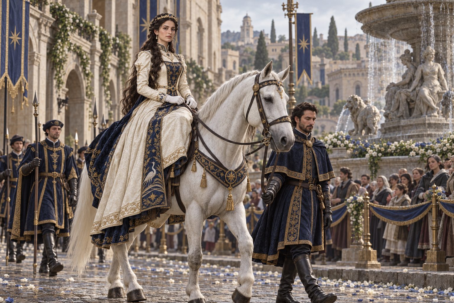Aveline, in ivory and midnight-blue ceremonial dress, rides a calm white horse beside a walking attendant as her procession approaches a stone fountain in Velisar.