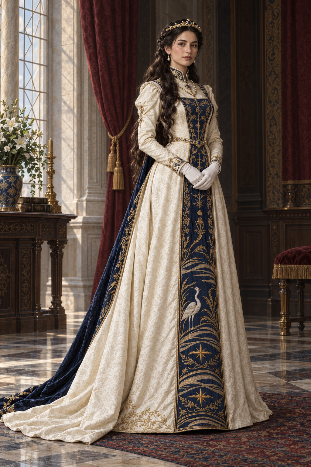 Crown Princess Aveline stands alone in ivory and midnight-blue court dress, with long dark hair, a narrow gold-and-pearl circlet and white-gloved hands resting together at her waist.