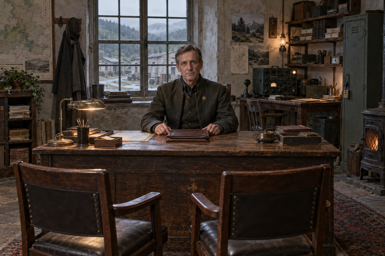 Official portrait of a lean, greying Commissioner Sorn seated behind a worn wooden desk. His modest office contains treaty folios, a radio station, supply cupboards and two visitors’ chairs; wooded inland hills are visible through the window.