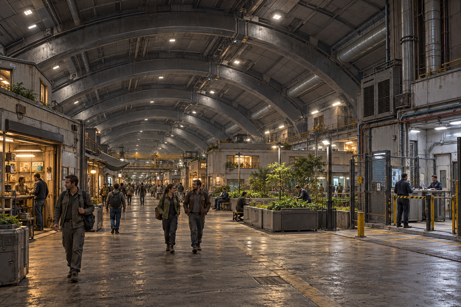Residents walk through a low-rise indoor neighbourhood beneath the structural ribs of an enclosed habitation hall.