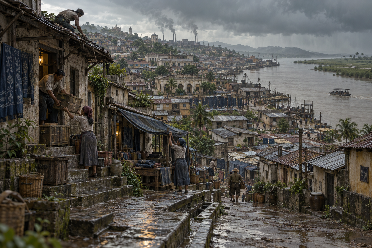 Residents lift a storage crate and secure a roof beside wet stepped streets; low workshops spread along the near river bank beneath storm clouds, with meadow across the water.