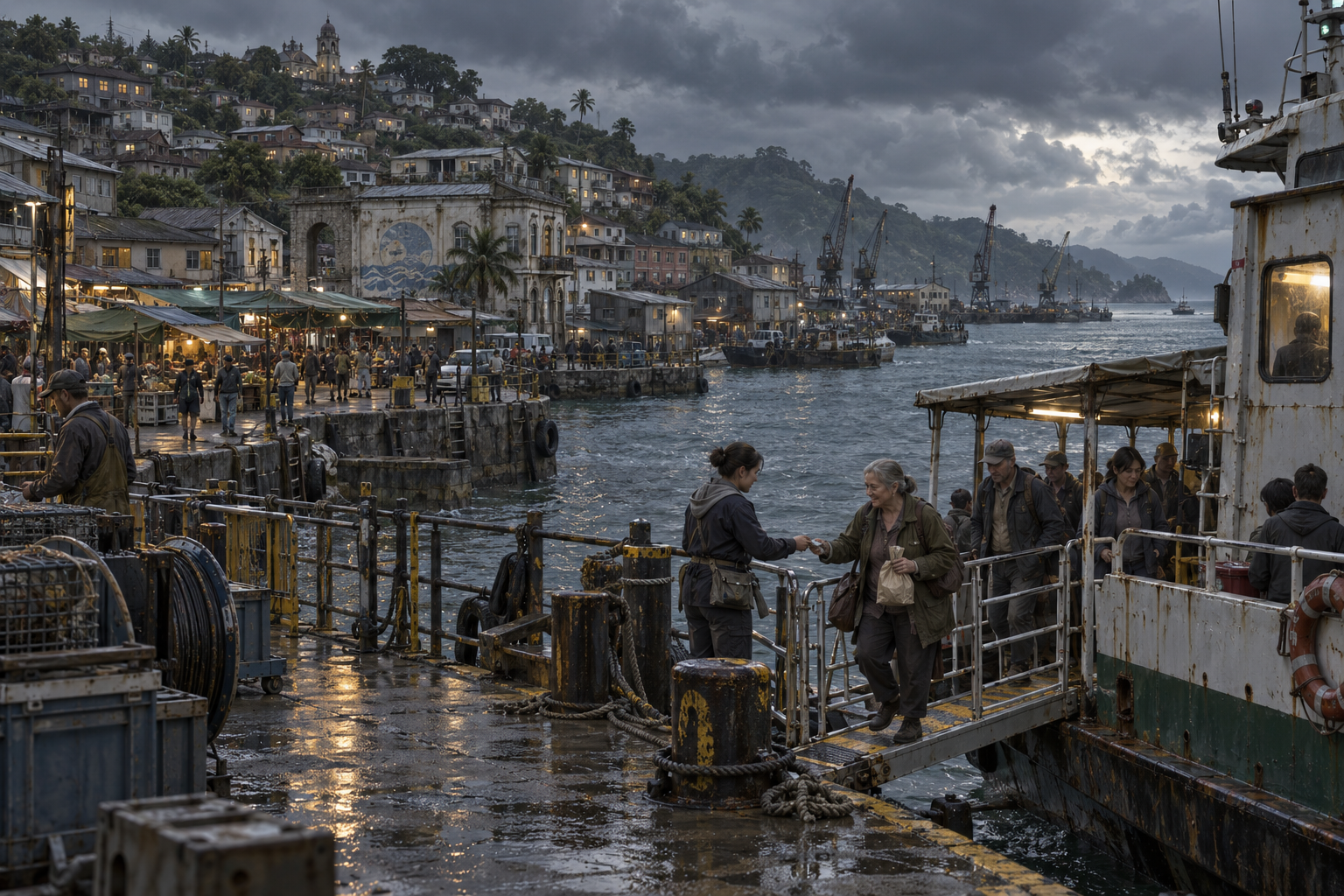 Passengers leave a worn ferry across a railed gangway beside a salt-stained quay; markets, repair sheds and low houses climb the hill behind.