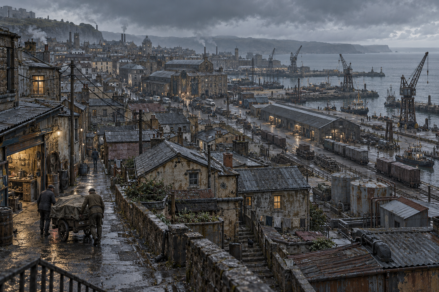 Low houses, workshops, freight sheds and cranes spread down a rain-darkened slope towards a working harbour; two labourers push a covered handcart.