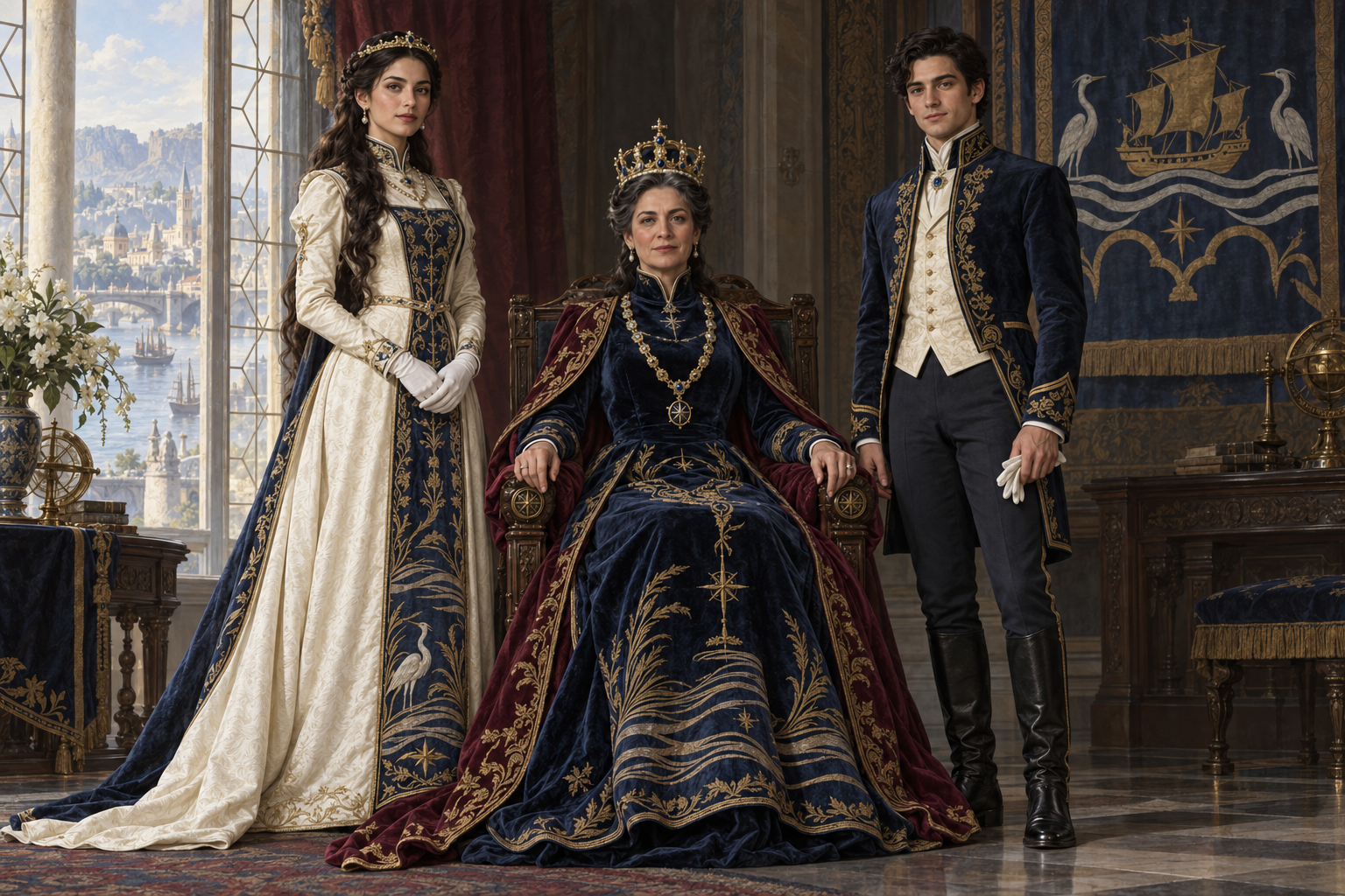 Formal state portrait of three members of House Orinth: dark-haired Crown Princess Aveline stands at the viewer’s left in ivory and blue; Empress Ysabet sits centrally in a navy gown and state crown; Prince Odran stands at the right in a formal blue court coat.