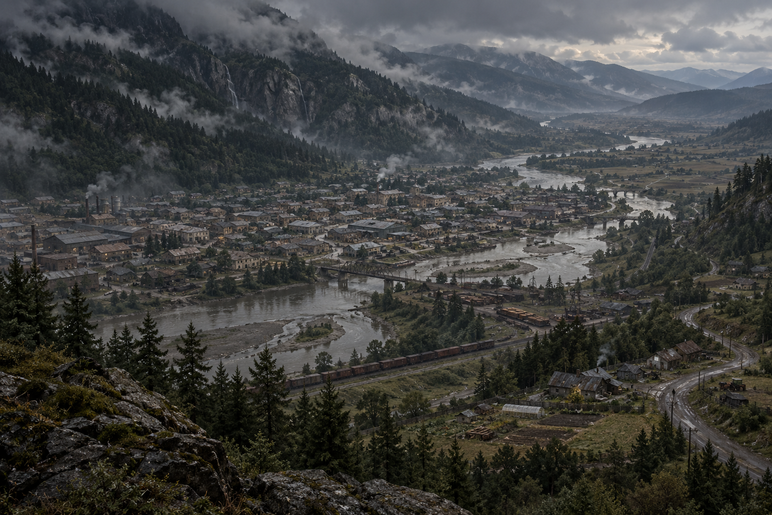 Low industrial settlements and scattered holdings follow a river valley beneath cloud-covered forested mountains, connected by road, bridge and freight railway.