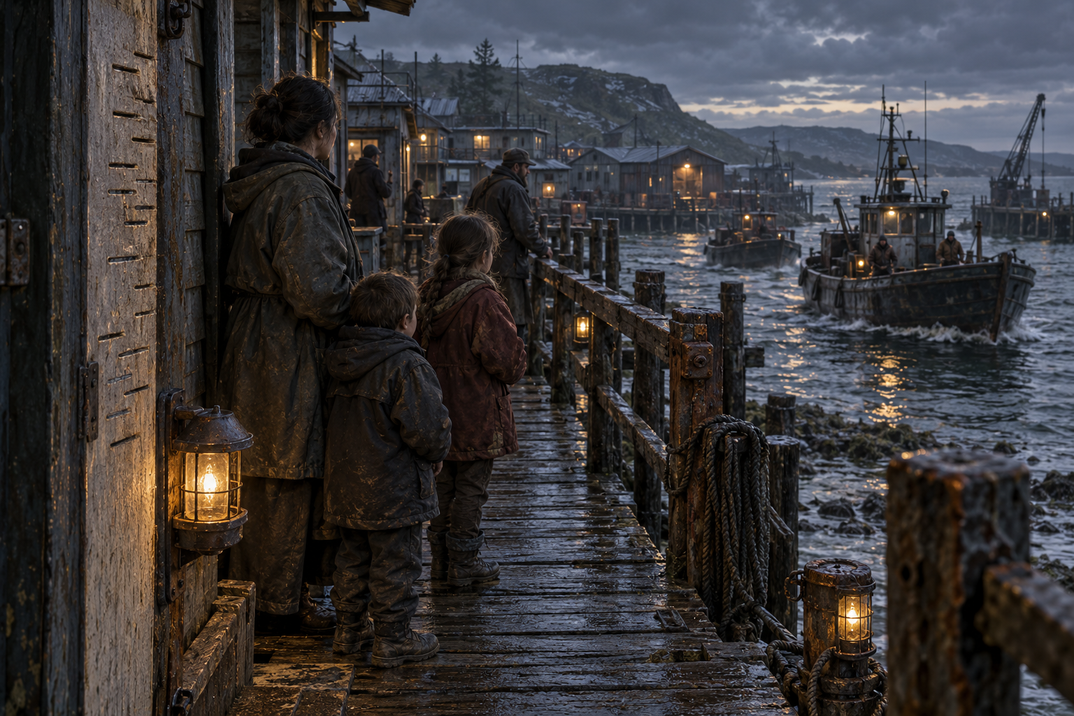 Families in patched coats wait beside sheltered amber lamps on a wet wooden landing; flood notches mark a door frame and workboats approach the rough coast.