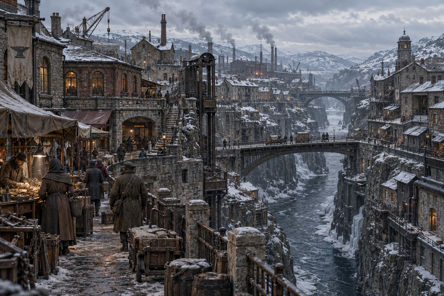 Soot-darkened terraces and repair shops line both sides of a wintry river gorge, joined by bridges; market stalls and a public lift occupy the near bank.