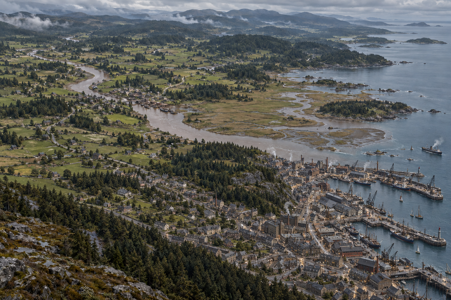 High above the Sedge Coast, a low-rise working port spreads beside a sheltered harbour below a wooded bank. The brown river passes a smaller inland town, with farms, scattered homes and reed marshes across the wider landscape.