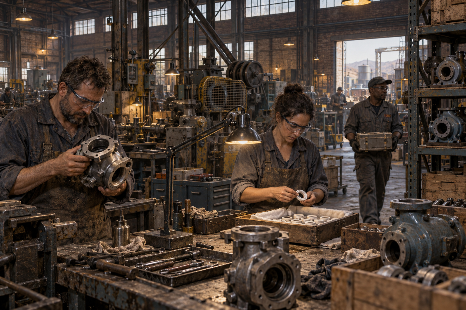 Technicians inspect a pump housing and white ceramic seals under task lamps in a worn machine shop, while another carries a packed component.