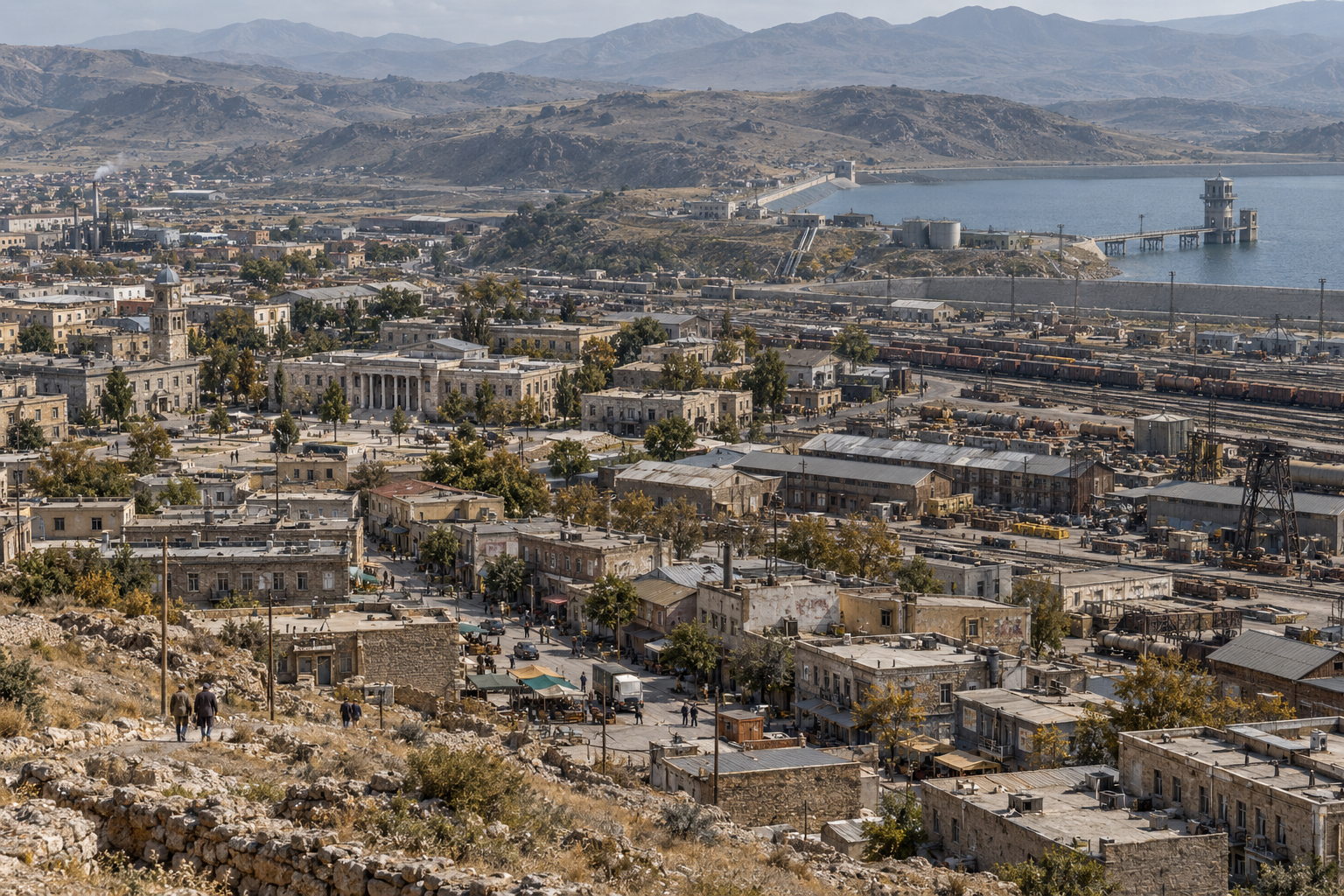 Low civic buildings and industrial neighbourhoods spread across a dry basin below a reservoir and freight railway.