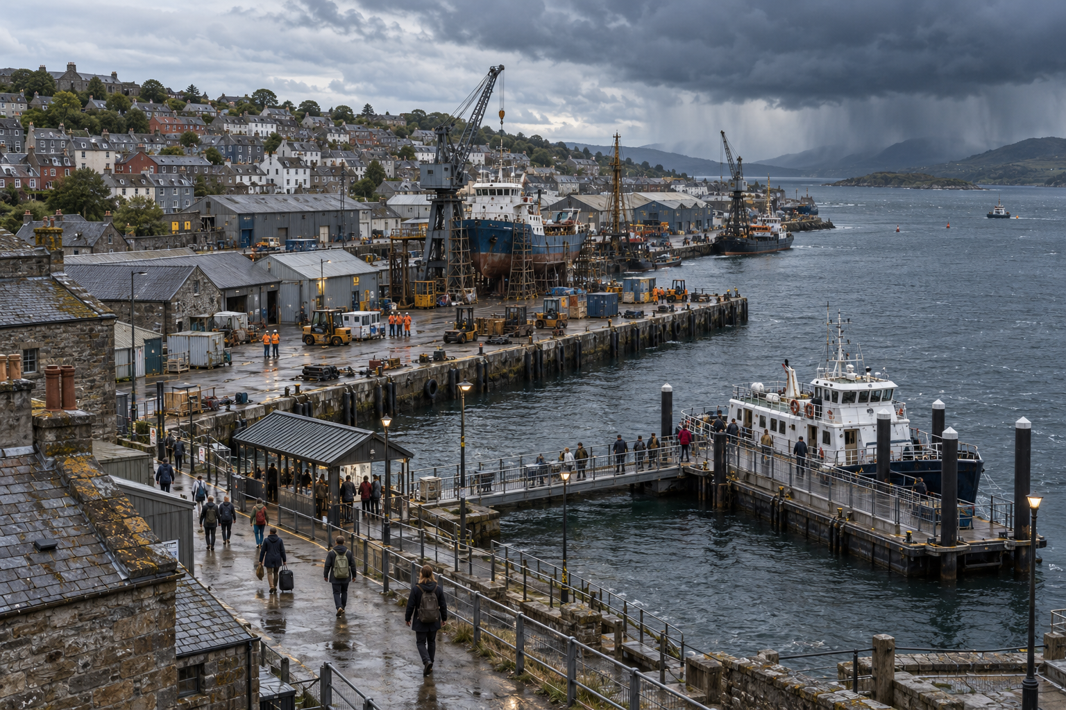 A storm-worn working waterfront with repair sheds, modest hillside houses and a separate passenger landing.