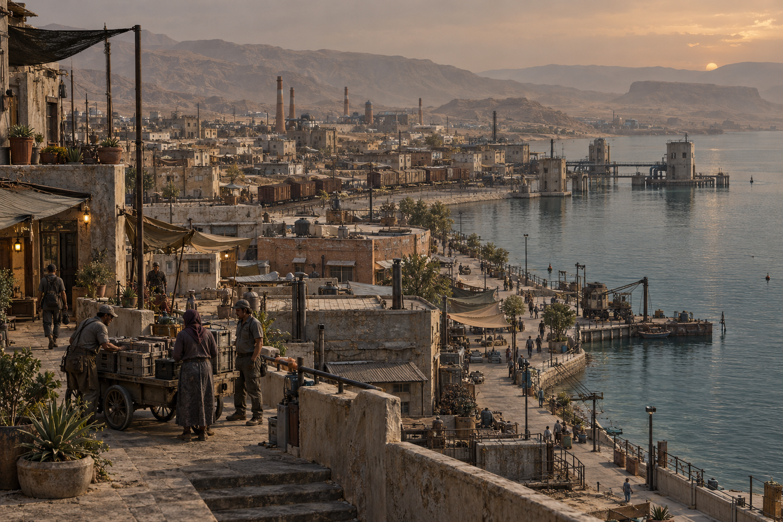 Dusty low-rise houses and factories face a reservoir, with patched shade cloth, freight wagons and shoppers around a cart in the foreground.