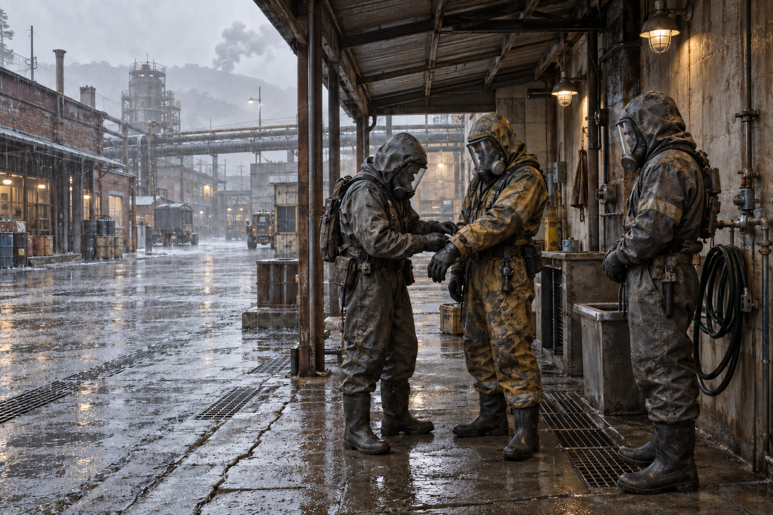Three protected workers inspect a cuff beneath a covered way in a rain-soaked industrial district.