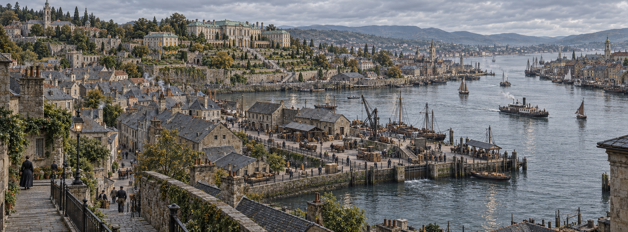 An elevated view across Velisar: winding residential streets and the palace terraces rise above freight yards, a riverbank gate and working quays beside an open estuary.