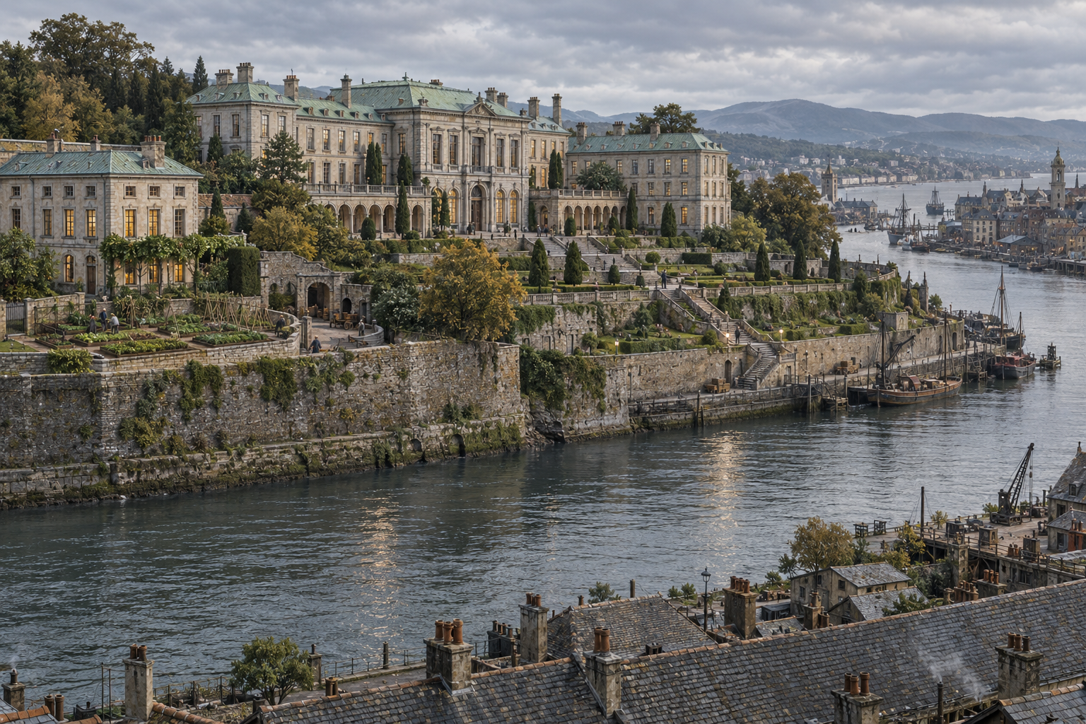 A broad stone royal residence rises above terraced gardens and an old retaining wall at a bend of the river, with warm windows, gardeners and working quays below.