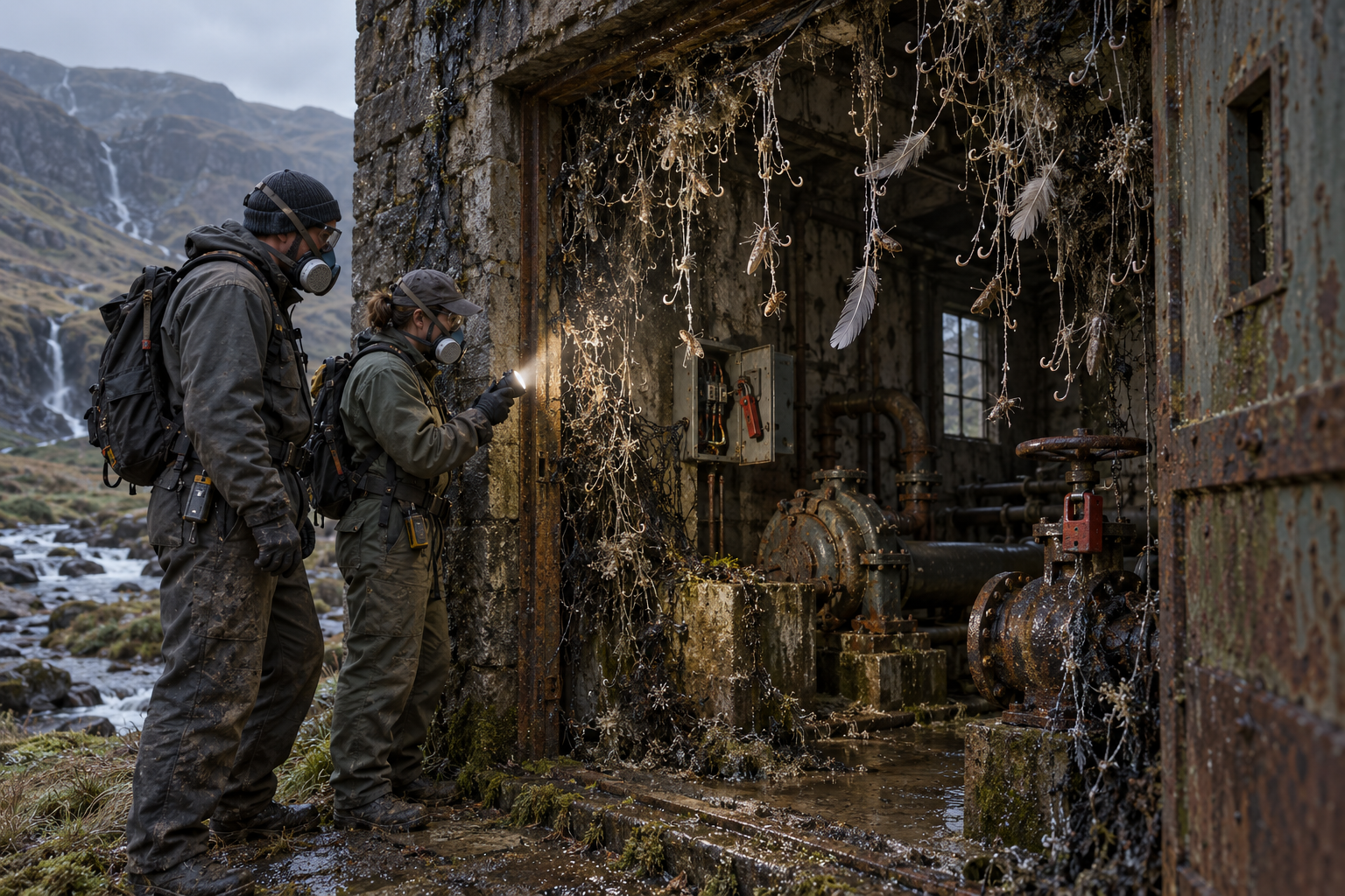 Two maintenance workers inspect pale hooked growth hanging across an abandoned pump-house doorway.
